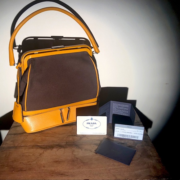 PRADA Vintage Handbag BORSA A MANO , CANAPA CERNIERA, MORO  & ZAFFERA - Picture 2 of 11